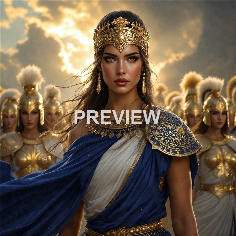 A woman dressed in ancient Greek-style attire with elaborate gold jewelry and a crown, leading a group of similarly dressed women with a dramatic sky in the background.